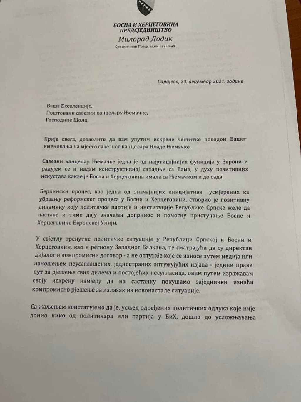 Dodik pisao njemačkom kancelaru Scholzu moleći ga ponizno za sastanak bilo kad i bilo gdje